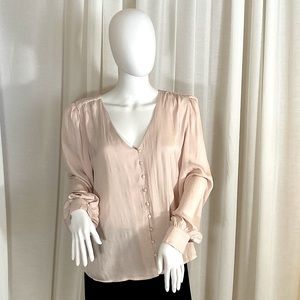 Lush Button Down V-neck Blouse in Blush - Large